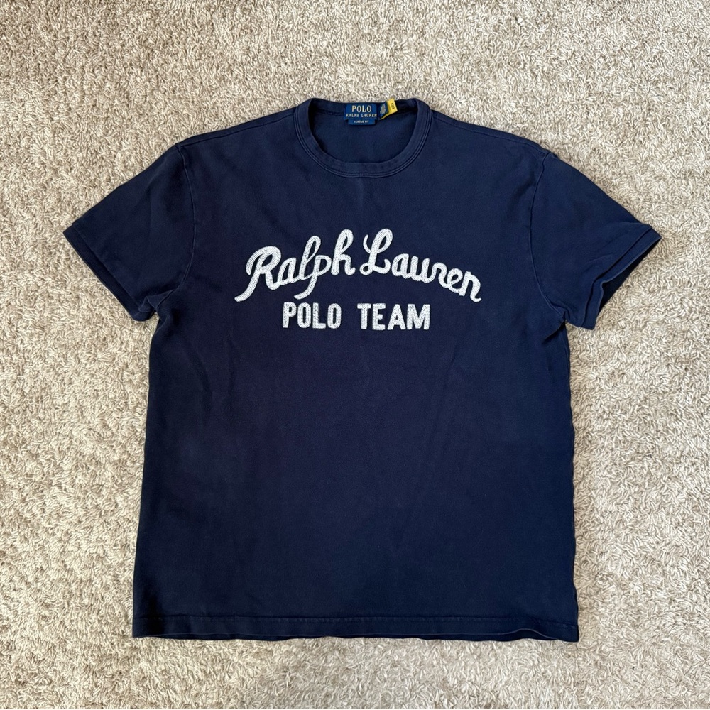 Vintage Polo Ralph Lauren Polo Team Embroidered Navy tee shirt - Rare - Medium